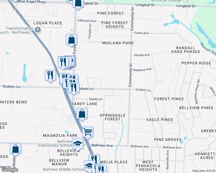 map of restaurants, bars, coffee shops, grocery stores, and more near 3030 Godwin Lane in Pensacola