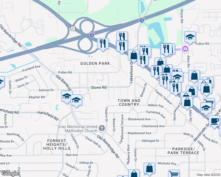 map of restaurants, bars, coffee shops, grocery stores, and more near 2489 East Thundell Drive in Tallahassee