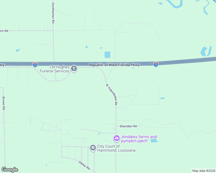 map of restaurants, bars, coffee shops, grocery stores, and more near 42596 North Thibodeaux Road in Ponchatoula