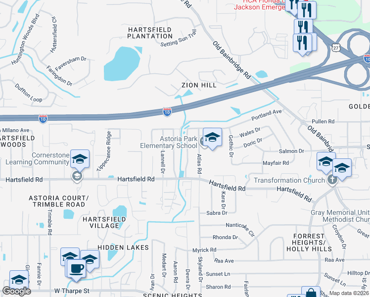 map of restaurants, bars, coffee shops, grocery stores, and more near 2466 Nugget Lane in Tallahassee