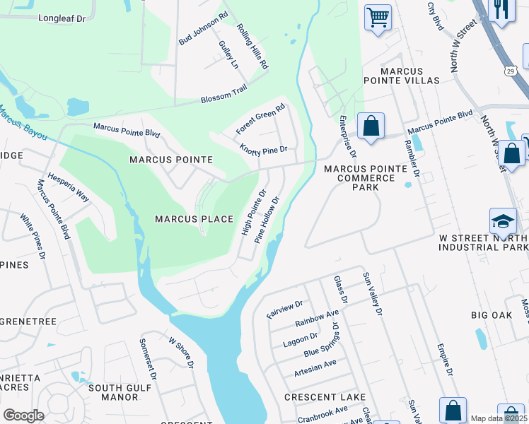 map of restaurants, bars, coffee shops, grocery stores, and more near 5102 Pine Hollow Drive in Pensacola