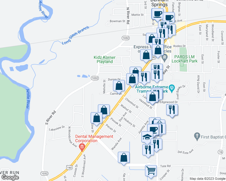 map of restaurants, bars, coffee shops, grocery stores, and more near 434 Carrie Drive in Denham Springs