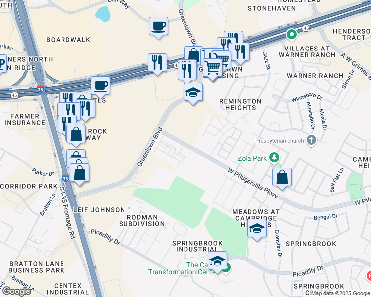 map of restaurants, bars, coffee shops, grocery stores, and more near West Pflugerville Parkway in Round Rock