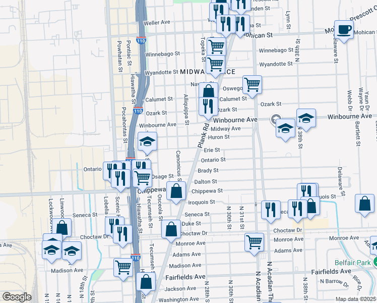 map of restaurants, bars, coffee shops, grocery stores, and more near 2645 Ontario Street in Baton Rouge