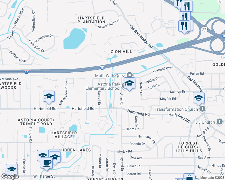 map of restaurants, bars, coffee shops, grocery stores, and more near 2486 Nugget Lane in Tallahassee