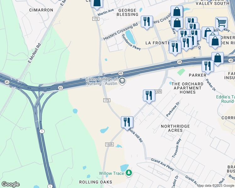 map of restaurants, bars, coffee shops, grocery stores, and more near 3118 County Road 172 in Austin