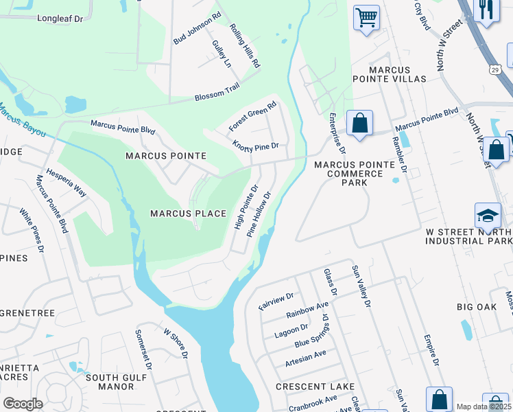 map of restaurants, bars, coffee shops, grocery stores, and more near 5102 Pine Hollow Drive in Pensacola