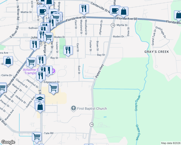 map of restaurants, bars, coffee shops, grocery stores, and more near 423 Edgewood Drive in Denham Springs