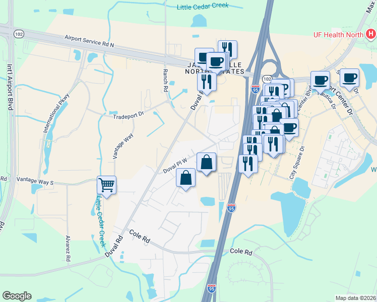 map of restaurants, bars, coffee shops, grocery stores, and more near 14440 Duval Place West in Jacksonville