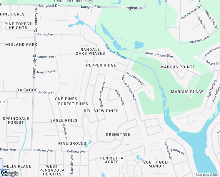 map of restaurants, bars, coffee shops, grocery stores, and more near 2297 White Pines Drive in Pensacola