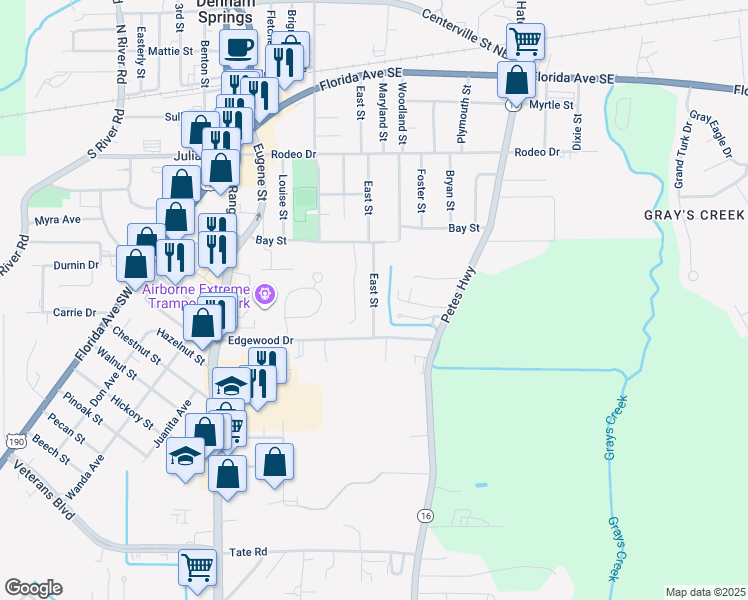 map of restaurants, bars, coffee shops, grocery stores, and more near 561 East Street in Denham Springs