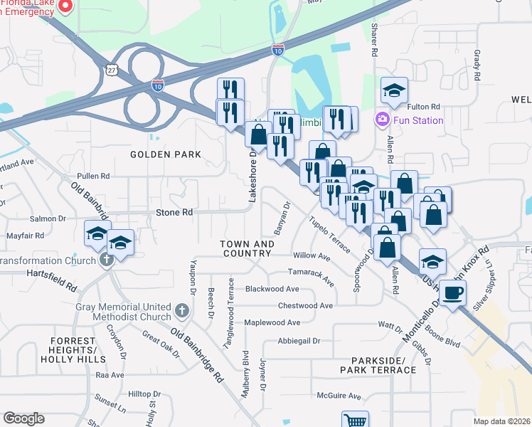 map of restaurants, bars, coffee shops, grocery stores, and more near 2408 Banyan Drive in Tallahassee