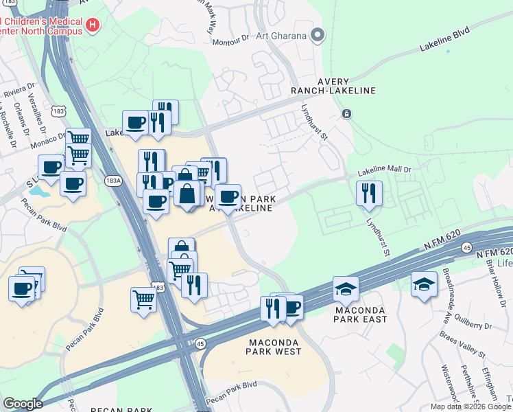 map of restaurants, bars, coffee shops, grocery stores, and more near 10701 Lakeline Mall Drive in Austin