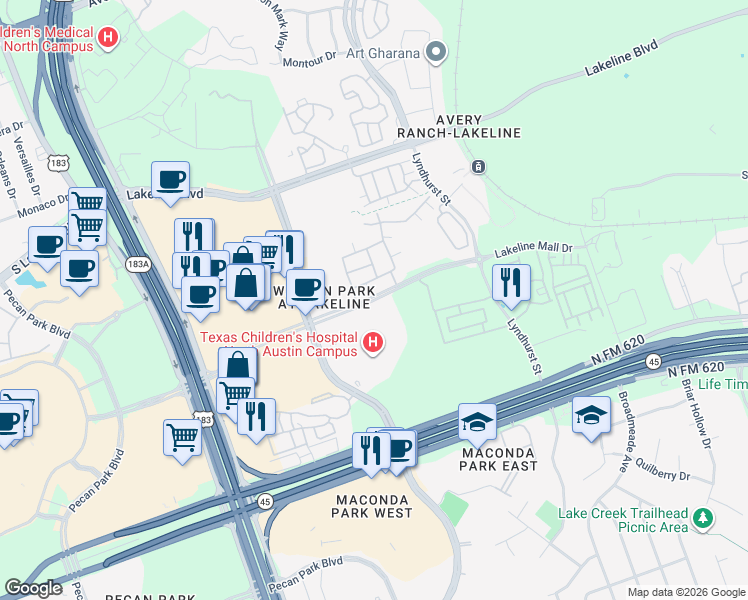 map of restaurants, bars, coffee shops, grocery stores, and more near Lakeline Mall Drive in Austin