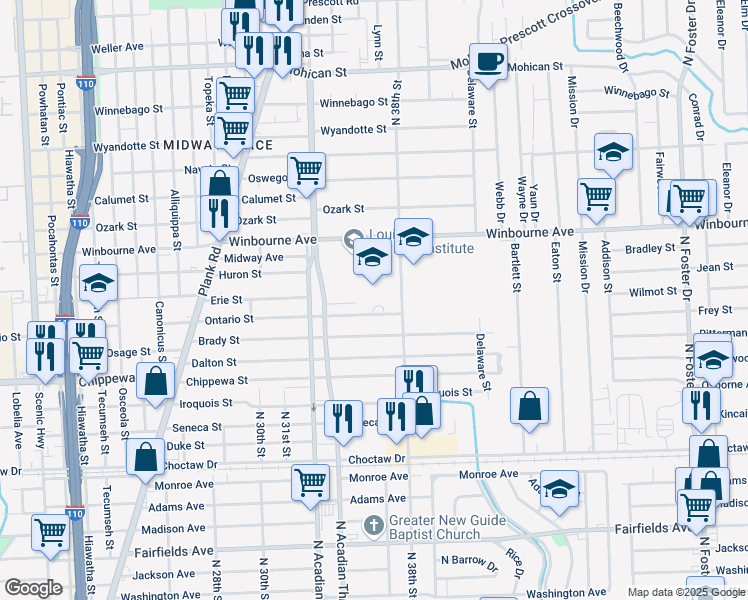 map of restaurants, bars, coffee shops, grocery stores, and more near 3605 Ontario Street in Baton Rouge