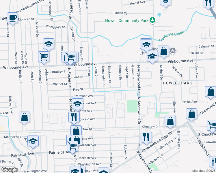 map of restaurants, bars, coffee shops, grocery stores, and more near 2939 Dougherty Drive in Baton Rouge