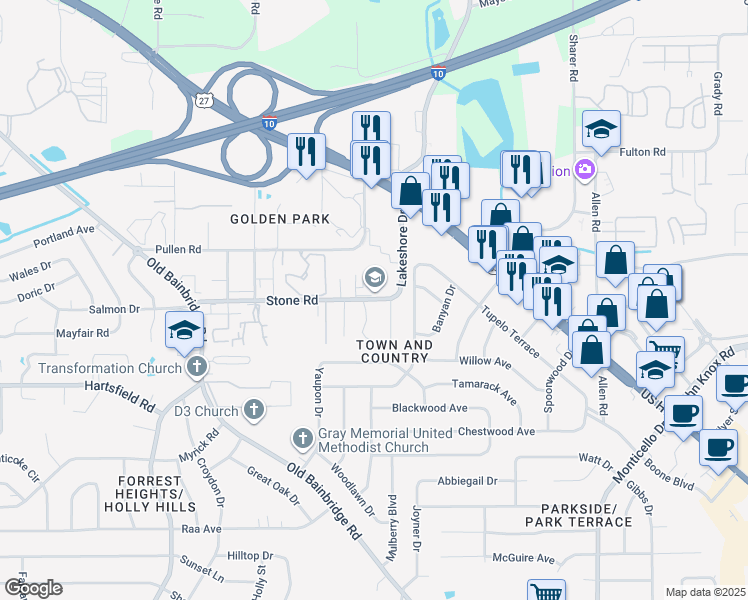 map of restaurants, bars, coffee shops, grocery stores, and more near 2478 Wren Hollow Drive in Tallahassee