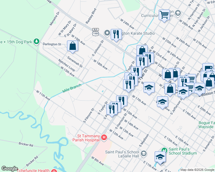 map of restaurants, bars, coffee shops, grocery stores, and more near 601 South Filmore Street in Covington