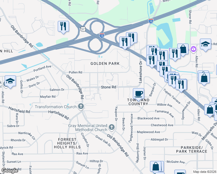 map of restaurants, bars, coffee shops, grocery stores, and more near Stone Road in Tallahassee