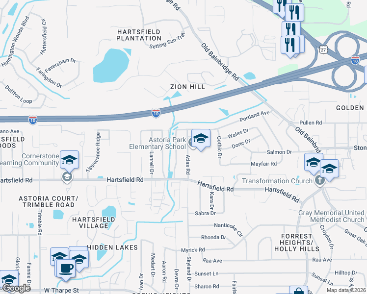 map of restaurants, bars, coffee shops, grocery stores, and more near 2466 Nugget Lane in Tallahassee