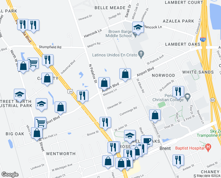map of restaurants, bars, coffee shops, grocery stores, and more near 103 Airport Boulevard in Pensacola
