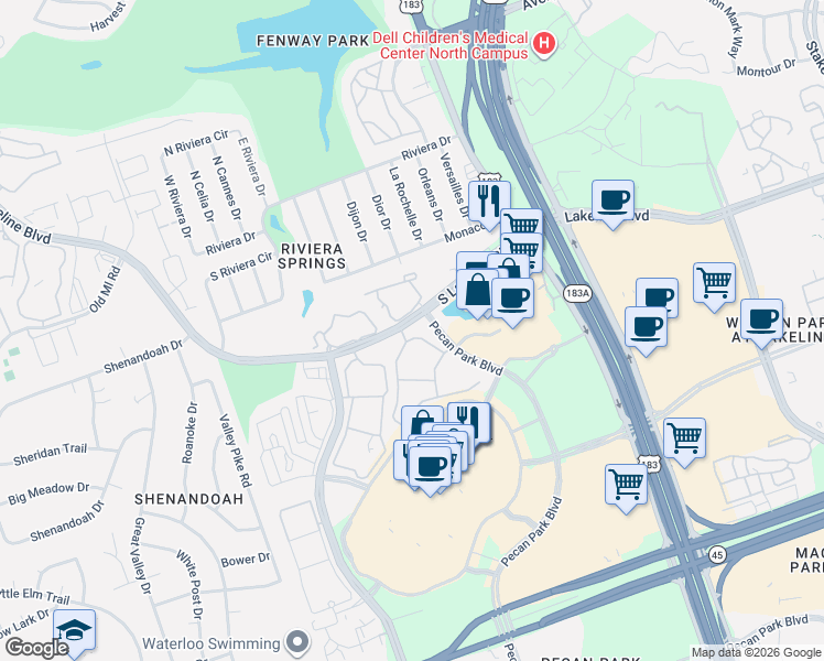 map of restaurants, bars, coffee shops, grocery stores, and more near 2829 South Lakeline Boulevard in Cedar Park