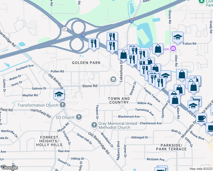 map of restaurants, bars, coffee shops, grocery stores, and more near 2478 Wren Hollow Drive in Tallahassee