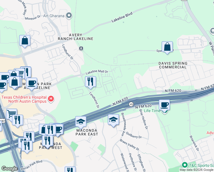 map of restaurants, bars, coffee shops, grocery stores, and more near 13606 Cibolo Trace in Austin