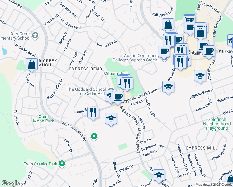 map of restaurants, bars, coffee shops, grocery stores, and more near 2105 Cypress Creek Road in Cedar Park