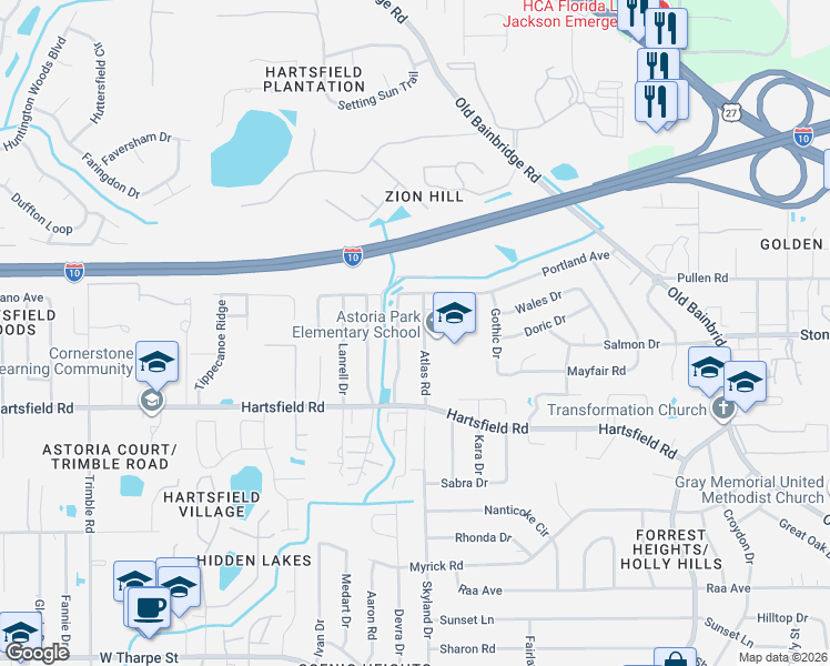 map of restaurants, bars, coffee shops, grocery stores, and more near 2438 Atlas Road in Tallahassee