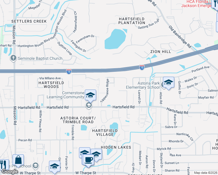 map of restaurants, bars, coffee shops, grocery stores, and more near 2465 Wildcat Ridge in Tallahassee