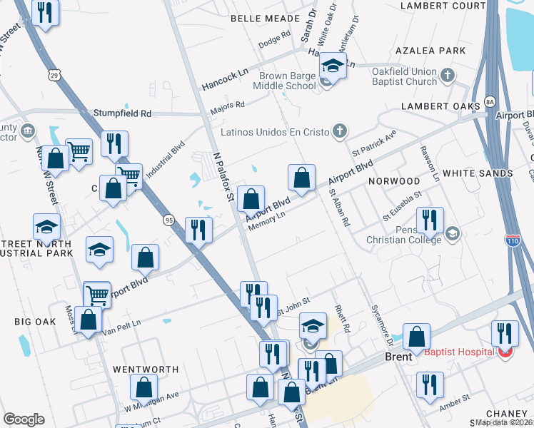 map of restaurants, bars, coffee shops, grocery stores, and more near 103 Airport Boulevard in Pensacola