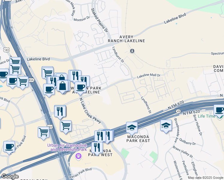 map of restaurants, bars, coffee shops, grocery stores, and more near 10520 Lakeline Mall Drive in Austin