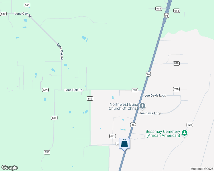 map of restaurants, bars, coffee shops, grocery stores, and more near Co Road 639 in Buna