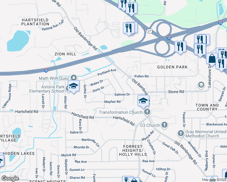 map of restaurants, bars, coffee shops, grocery stores, and more near 2506 Colleen Drive in Tallahassee