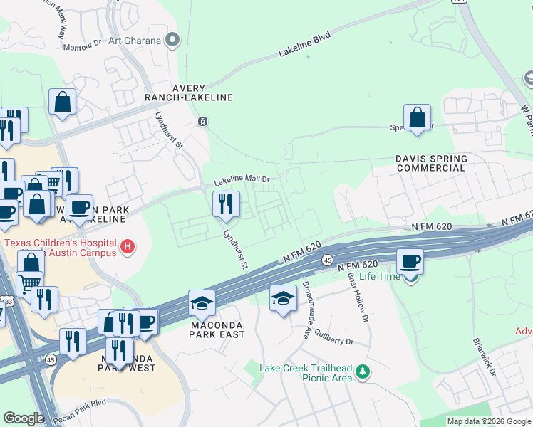 map of restaurants, bars, coffee shops, grocery stores, and more near 13810 Cibolo Trace in Austin