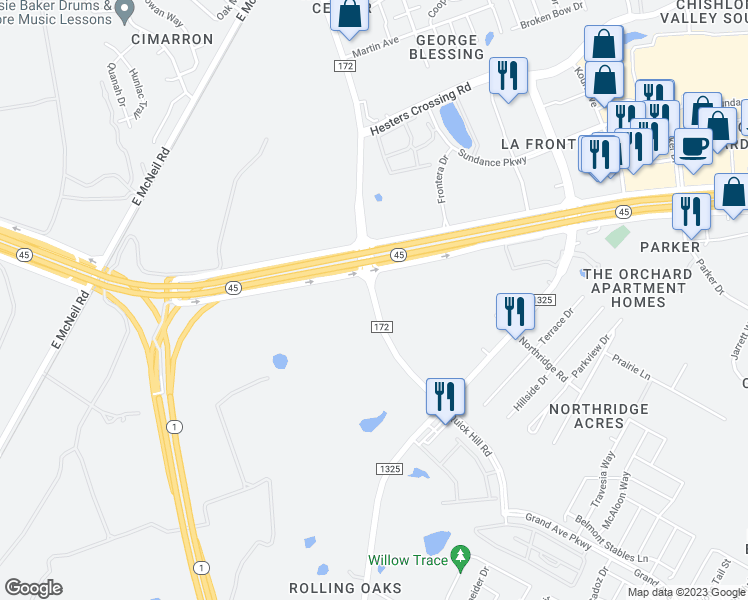 map of restaurants, bars, coffee shops, grocery stores, and more near 3054-3068 County Road 172 in Austin