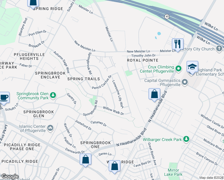 map of restaurants, bars, coffee shops, grocery stores, and more near 18724 Star Gazer Way in Pflugerville