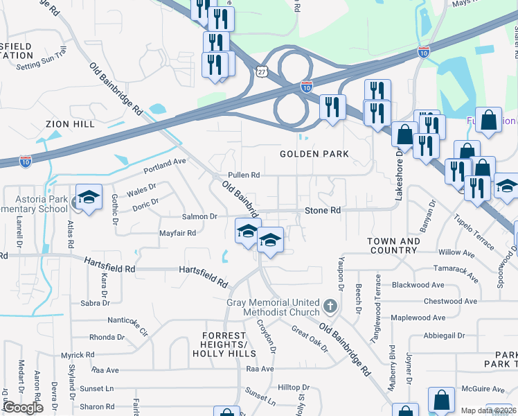 map of restaurants, bars, coffee shops, grocery stores, and more near 2509 Old Bainbridge Road in Tallahassee