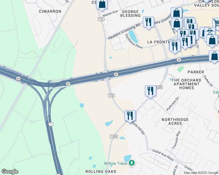 map of restaurants, bars, coffee shops, grocery stores, and more near 3054-3068 County Road 172 in Austin