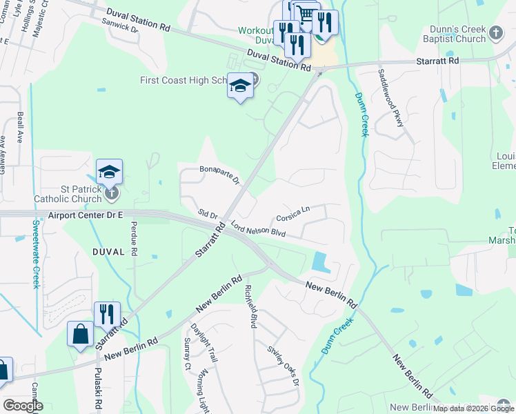 map of restaurants, bars, coffee shops, grocery stores, and more near 833 Capitol Parkway in Jacksonville