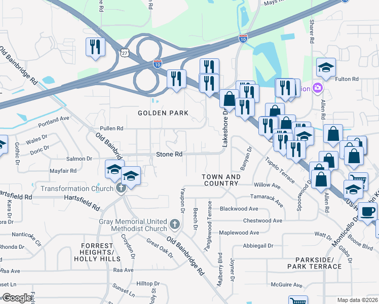 map of restaurants, bars, coffee shops, grocery stores, and more near 2 Graduate Circle in Tallahassee