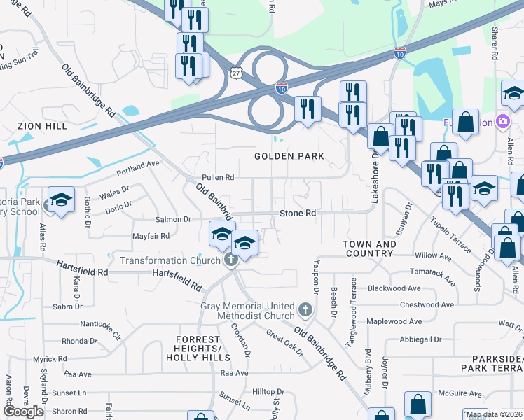 map of restaurants, bars, coffee shops, grocery stores, and more near 2412 Fred Smith Road in Tallahassee