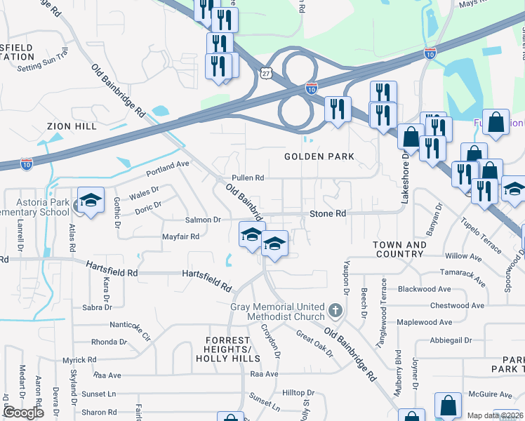 map of restaurants, bars, coffee shops, grocery stores, and more near 2509 Old Bainbridge Road in Tallahassee