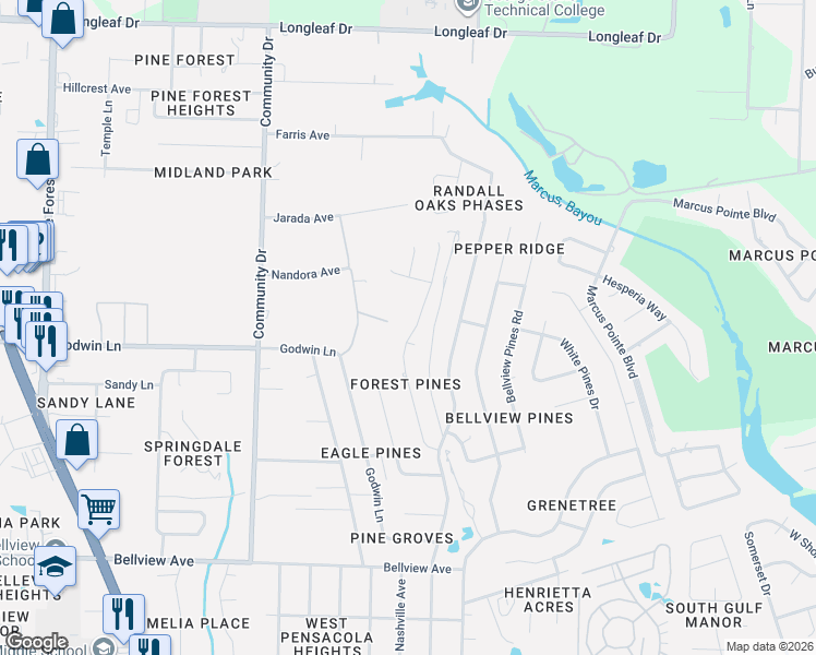 map of restaurants, bars, coffee shops, grocery stores, and more near 6209 Forest Pines Drive in Pensacola