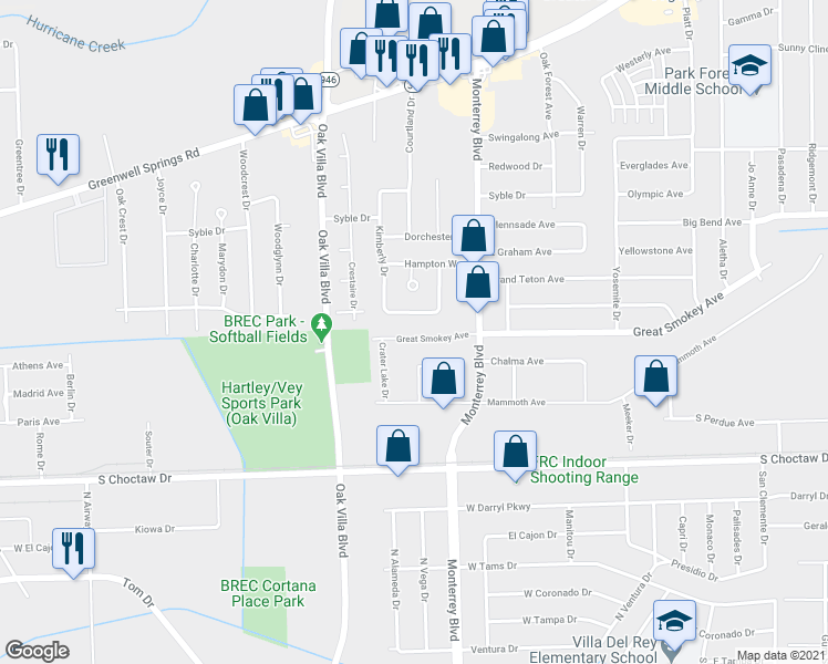 map of restaurants, bars, coffee shops, grocery stores, and more near 9319 Kimberly Way in Baton Rouge