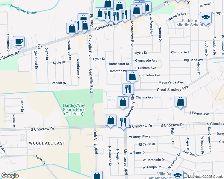 map of restaurants, bars, coffee shops, grocery stores, and more near 9319 Kimberly Way in Baton Rouge