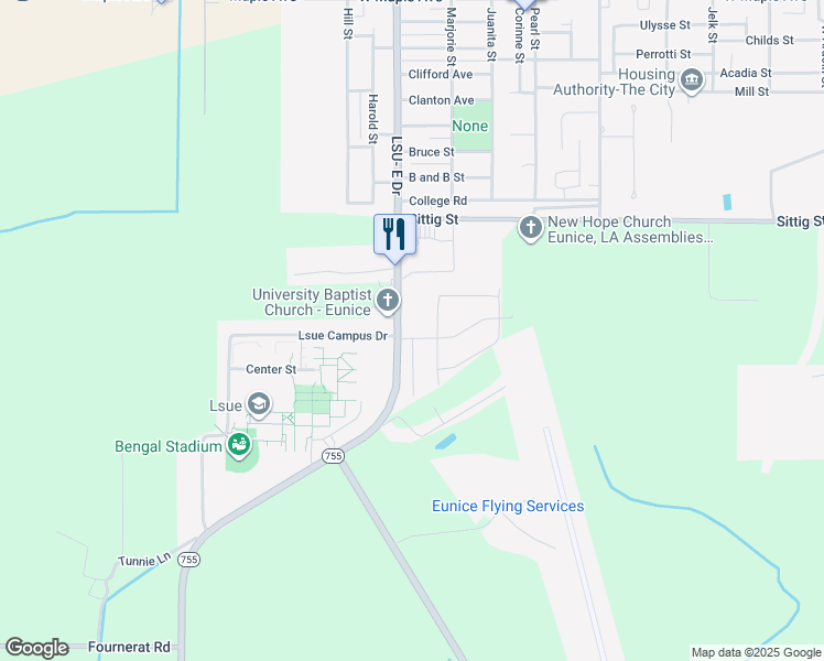map of restaurants, bars, coffee shops, grocery stores, and more near 1141 Lsu East Drive in Eunice