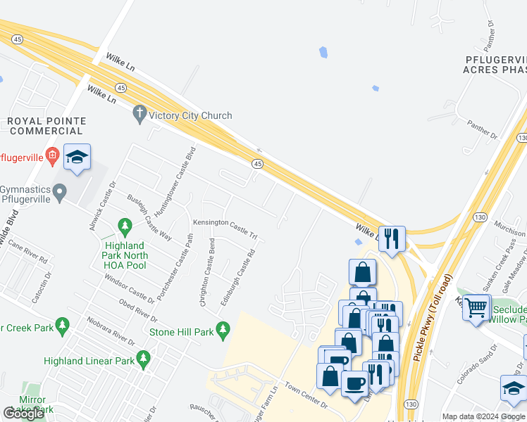 map of restaurants, bars, coffee shops, grocery stores, and more near 19365 Wilke Lane in Pflugerville