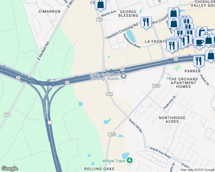map of restaurants, bars, coffee shops, grocery stores, and more near 3054-3068 County Road 172 in Austin